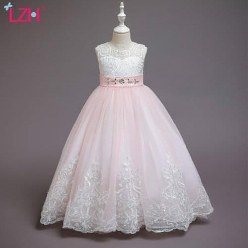 LZH 2021 Fashion Sleeveless Floral Dresses For Girls Lace Mesh Childrens Princess Dress New Bowknot Wedding Flower Girl Clothes