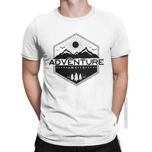 Hiking Camping Adventure Awaits T Shirts For Men Pure Cotton Leisure T-Shirts Round Neck Tee Shirt Classic Clothing Gift