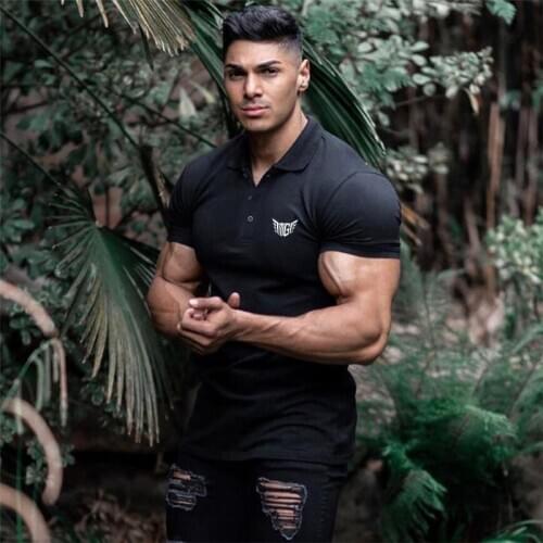 Running Polo Short Sleeve T Shirt Men Fitness Slim Sports Cotton T-shirt Fashion Tees Tops Summer turndown collar Gym Clothing