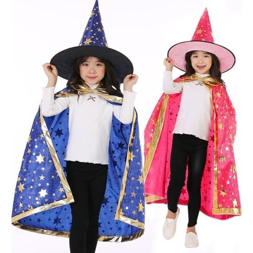2Pcs/Set Witch Hats Set Children Halloween Christmas Party Cosplay Costume Wizard Star Cloak Cap Hat Kids Cosplay Props