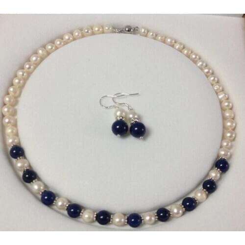 Charming! White Akoya Cultured Pearl & Blue Lapis Lazuli necklace earrings set