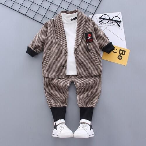 2020 Autumn Winter Childrens New Boys Small Plaid Suit Baby Boy Letter Bottoming Shirt Long-sleeved Jacket Trousers Three-piece