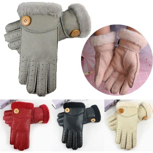Gloves Real Sheepskin Winter Thick Gloves Women Fur Mitten Ladies Warm Outdoor Genuine Leather Gloves Girls Wndproof Gloves