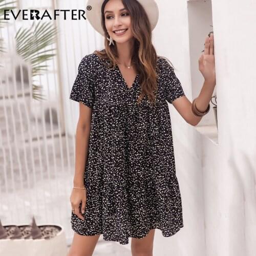 EVERAFTER Vintage v-neck polka dot summer dress women high waist loose ruffles boho midi dress casual female beach short dresses