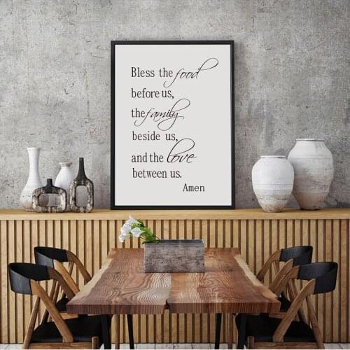 Religion Quote Canvas Art Print Poster , Bless the Food Family Love Religious Canvas Painting Poster Kitchen Wall Art Decor