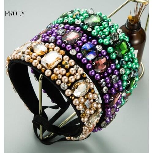 PROLY New Hair Accessories Women Full Of Rhinestone Pearls Hairband Wide Headband Side Elastic Band Baroque Headwear Party