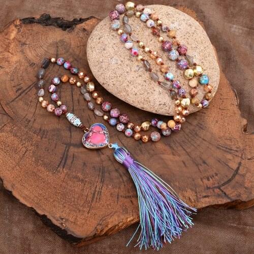 Rainbow Tassels Pink Heart Imperial Stones Antique Beads Pendant Long Necklace