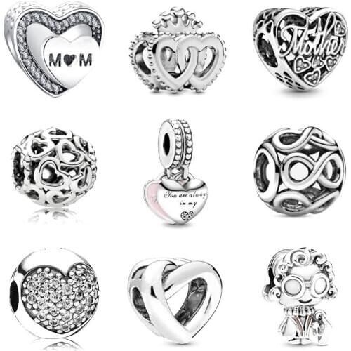 DIY Silver Charm Fit Original Pandora Bracelet Beads 925 Sterling Silver Love Dangle Charm Heart , mother, daughter, heart bead