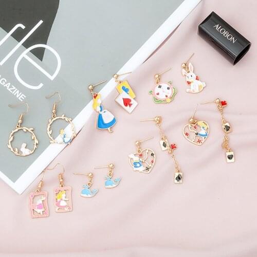 Alice Wonderland Princess Rabbit Bunny Asymmetric Drop Earring Clock Poker Card Enamel Womens Earrings Fashion Jewelry for Girl