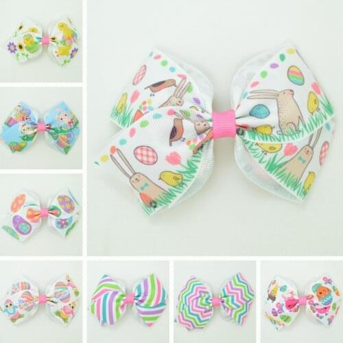 SUPWRF 1 PCS 4.5" Easter bunny eggs cute bow Girls Bows Clips hair bow Printed ribbon Kids Hair Accessories T0929