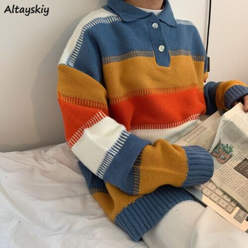 Sweaters Women All-match Knitted Casual Patchwork Turn-down Collar BF Female Pullover Stylish Popular Teens Lady Outerwear Retro