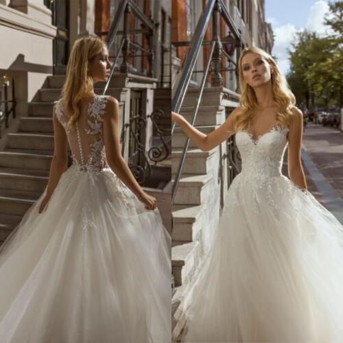 A-Line Wedding Dress White Appliques Illusion Back Design Tulle Bridal Gowns V-Neck Vestido De Noiva Court Train