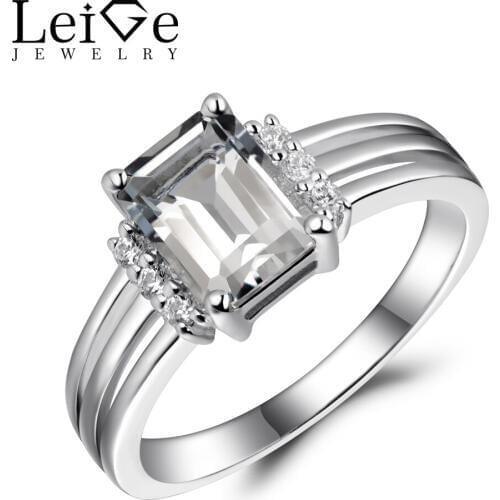Leige Jewelry Natural White Topaz Rings for Women Silver 925 White Gemstone Fine Jewelry Engagement Promise Rings Emerald Cut