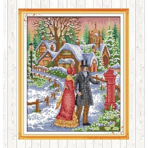 Walk on The Snow Scenery Cross Stitch Patterns DIY Counted Cloth Printed Fabric Handmade Embroidery Thread Sets for Needlework