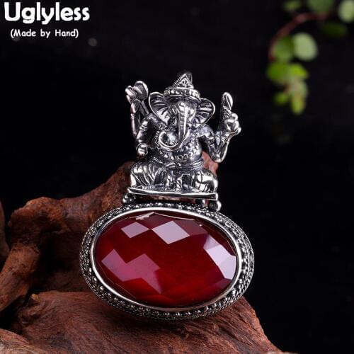 Uglyless Vintage Thai Silver Elephant God Pendants for Women Cool Exotic Elephant Trunk Necklaces NO Chain Corundum Jewelry P905