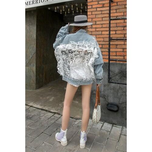 2021 Loose Denim Hollow Stitching Lace Embroidery All-match Jacket Women Free Shipping
