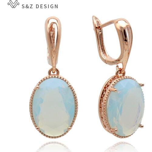 S&Z New Oval Egg Shape Zircon Dangle Opal Earrings 585 Rose Gold White Gold European/American For Women Trendy Party Jewelry