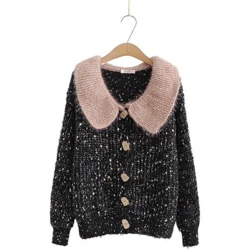 MERRY PRETTY Womens Color Block Cardigans Knit Jumper 2020 Autumn Winter Long Sleeve Turndown Collar Sweet Sweaters