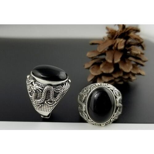 925 Sterling Silver color Adjustable Rings Man With Stones Natural Black Onyx Dragon Engraved Retro Vintage Thai Silver Ring