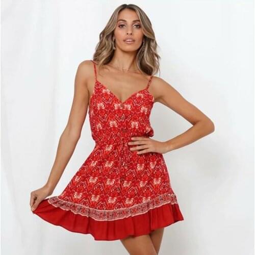 Jastie Backless Sexy Vintage Floral Print Slip Dress Summer Adjustable Strap V Neck Vestidos Beach Casual Boho Women Mini Dress