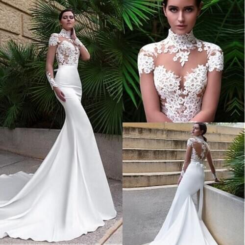 2020 Elegant High Neck Mermaid Wedding Dresses With Lace Appliques Long Sleeve Sexy See Through Bodice Bridal Gowns Custom Made