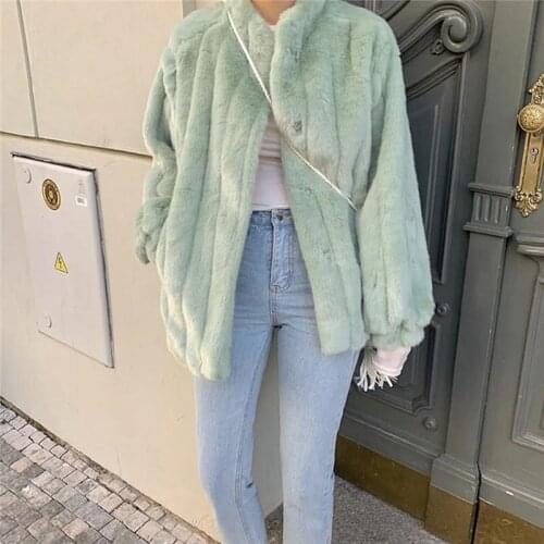 Hstar Winter Faux Mink Fur Coat Chic Mint Green Thick Soft Overcoat casaco de pelo sintetico luxe femme casaco feminino