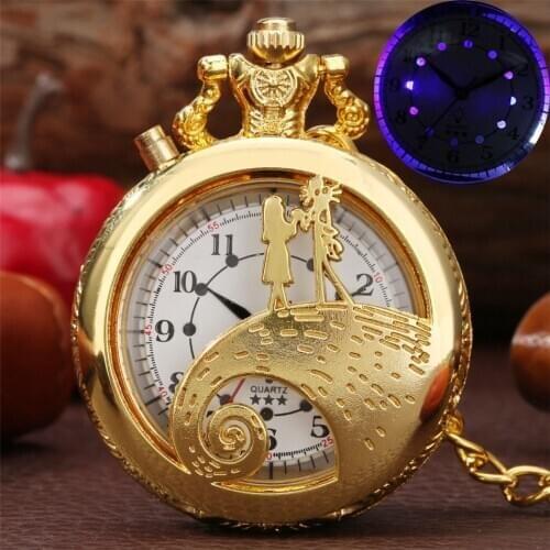 Gold/Silver/Bronze The Nightmare Before Christmas Theme LED Light Display Quartz Pocket Watch with 30 cm Pocket Chain