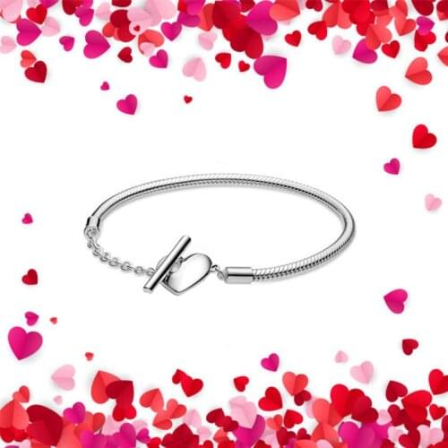 2021 New High Quality 100% 925 Silver Original T-shaped Snake Chain Bracelet, Heart-shaped Fashion Jewelry For Girls