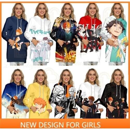 Anime Haikyuu!! Volleyball Teenager 3D Printing Cute Long Hoody Hooded Dress Hoodies Women Spring Autumn Cosplay Hoodies