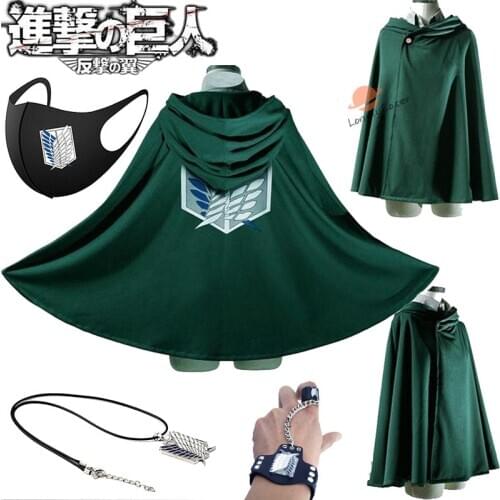 Attack on Titan Levi Ackerman Cosplay Green Black Cloak The Scouting Legion Wings of Liberty Hoodie Cape Props Necklace Gloves