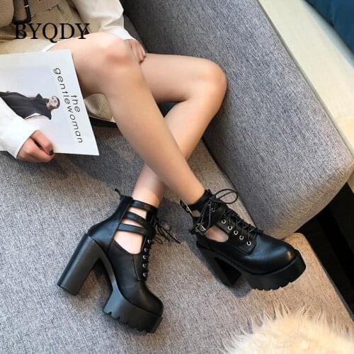 BYQDY Metal Buckle High Heels Woman Boots Winter Shoes Lace Up Gothic Black Platform PU Leather Combat Ankle Boots Comfortable