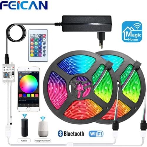 LED Strip SMD 5050 2835 Wifi Bluetooth RGB Tape with Controller 12V 5M 10M 15M Magic Home Lights Control via Alexa