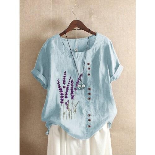 Cotton and Linen Printed T Shirt Tops For Women Summer Loose Lavender Printed T Shirt Shirts