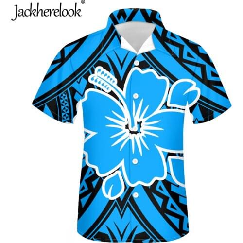 Jackherelook Hawaii Top Chemise Blue Polynesain Tibal Floral Print Casual Cuban Guayabera Short Sleeve Shirts for Mens Plus Size