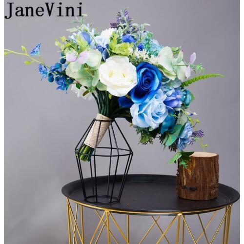 JaneVini 2019 Royal Blue Bride Bouquet Artificial Rose Wedding Flowers Bridal Bouquets Bridesmaid Photography Brooch Flores Boda