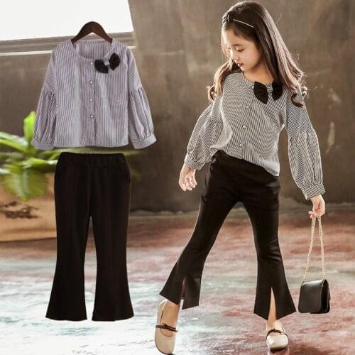 Elegant Bow Stripe Spring Autumn Sweater Pants Sets Warm Kids Girl Suits 2PCS Sports Outfits Baby Teens Children High Quality