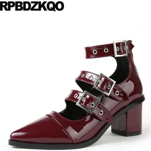 Wine Red Strappy Women High Heels Ankle Strap Shoes Low Chunky Japanese Pointed Toe Patent Leather Black Pumps Zipper Mary Jane