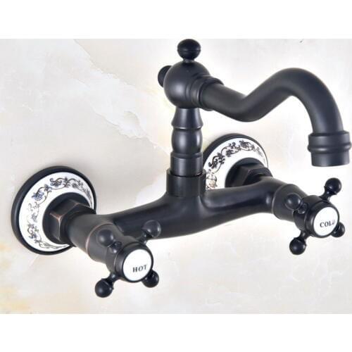 Black Oil Rubbed Antique Brass Bathroom Kitchen Sink Basin Faucet Mixer Tap Swivel Spout Wall Mounted Dual Cross Handles mnf461