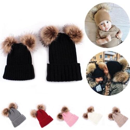 Hot Selling Kids Baby Boy Girl & Mom Winter Knit Warm Soft Beanie Hat Hairball Cap for Adult Children Family Matching Caps Hats