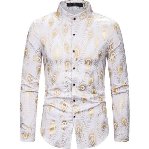 Mens Feather Print White Dress Shirts 2020 Brand New Long Sleeve Nightclub Wear Shirt Men Party Wedding Stage Chemise Homme XXL