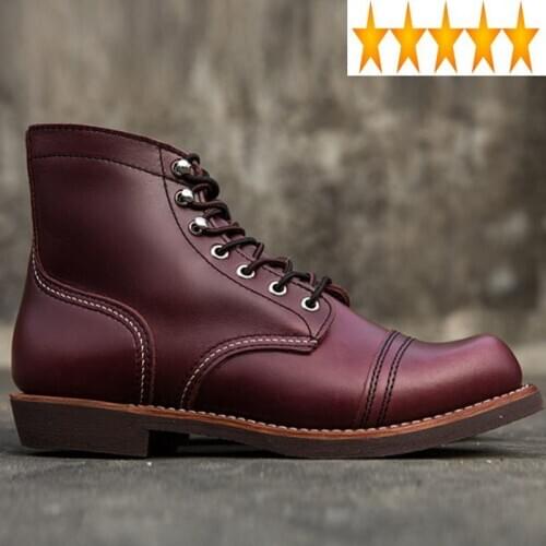 Genuine High Quality Vintage Mens Leather Motorcycle Fashion Lace Up Round Toe Winter Warm Male Ankle Boots Cargo Shoes