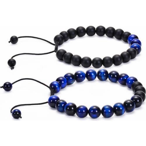 Men Women 8mm Blue Tiger Eye Stone Beads Bracelet Braided Rope Adjustable Black Matte Charm Healing Balance Beads Yoga Bracelet
