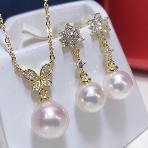 D113 Fine Jewelry Natural Fresh Water 9-10mm White Pearl Females Jewelry Sets for Women FIne Jewelry Sets