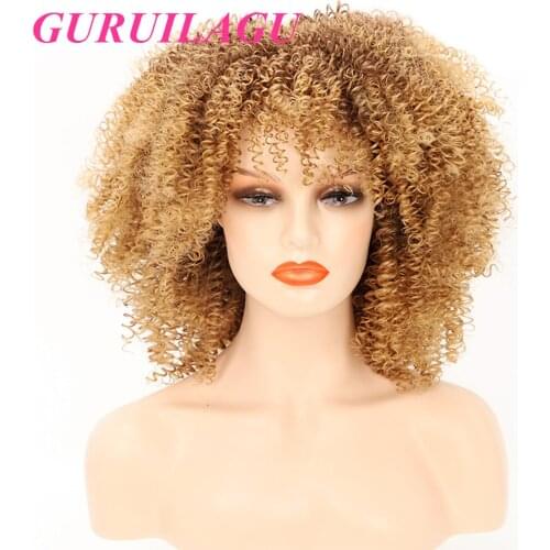 GURUILAGU Afro Kinky Curly Wigs for Black Women Heat Resistant Fiber Synthetic Hair Wigs Women Fluffy Short Curly Wig With Bangs