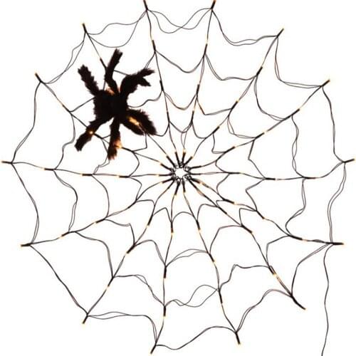 Halloween Spider Web Lights With Black Spider 70 Orange Lights Halloween Indoor And Outdoor Decoration 3 Optional Light Modes