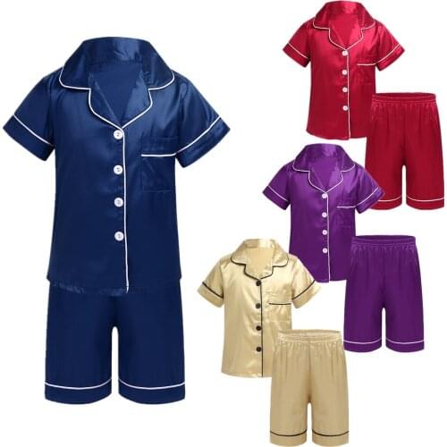 Girls Pajamas Set Summer Short Sleeve Children Sleepwear Silk Satin Pajamas Boys Pyjamas Sets For Kids Night Wear Home Clothes
