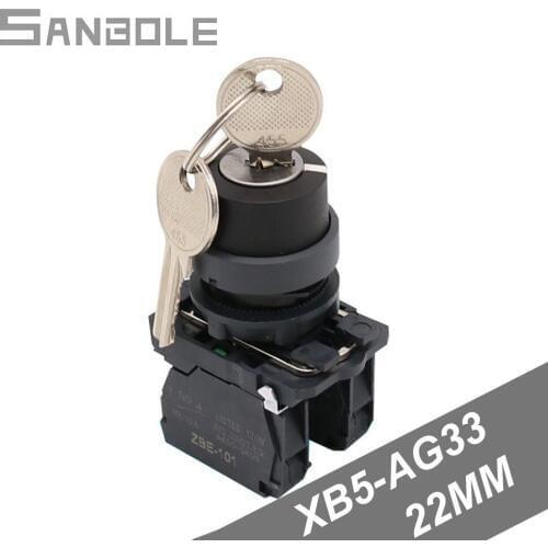 Plastic Push button switch with key XB5-AG33 Three Archives 3 positions 2NO Rotating 22MM Open Hole Electric Control