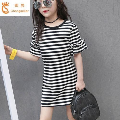 Girls Dresses 2018 High Quality Summer Cotton Black Stripe Princess Dress Casual Short Sleeve Kids Clothing 3-15 Years