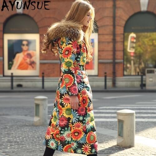 Womens Down Jacket Long Winter Coat Big Raccoon Fur Collar Flower Korean Down Coats Puffer Warm Luxury Jacket Y166 KJ2734