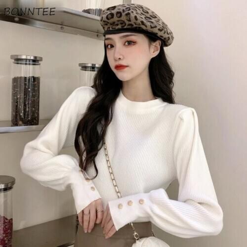 Pullovers Women Solid Lantern Sleeve O-neck Buttons Korean Style Vintage Lovely Sweet Ladies Slim Loose Elastic Fashionable Tops